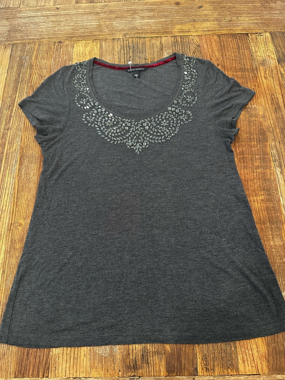 Banana Republic Dark Gray Scoop Neck Tee with Beaded Detail